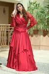 Buy_Dheeru Taneja_Red Crepe Embroidery Lapel Collar Organza Jacket And Ruffle Lehenga Set _at_Aza_Fashions