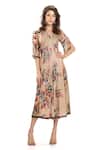 Buy_Whimsical By Shica_Beige Chiffon, Silk Organza Watercolour Print V Neck Floral Pleated Dress _at_Aza_Fashions