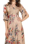 Shop_Whimsical By Shica_Beige Chiffon, Silk Organza Watercolour Print V Neck Floral Pleated Dress _at_Aza_Fashions