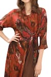 Shop_Whimsical By Shica_Maroon Organza, Satin Watercolour Print Round Wrap Dress_at_Aza_Fashions