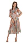 Buy_Whimsical By Shica_Blue Silk Organza Printed Watercolour V Neck Floral Dress _at_Aza_Fashions