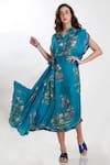Buy Blue Silk Organza Spread Collar Printed Dress For Women by ...