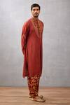 Torani_Maroon Slub Silk Floral Gulnar Uzair Printed Kurta Set _Online_at_Aza_Fashions