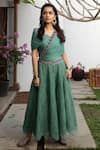 Buy_Jade by Monica and Karishma_Green Tulle Embroidered Thread Work V Neck Cape Crop Top And Sharara Set  _at_Aza_Fashions