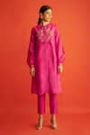 Saksham & Neharicka_Pink Pure Handwoven Chanderi Round Kurta _Online_at_Aza_Fashions