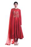 Buy_Saksham & Neharicka_Red Anarkali Chanderichuridar Voiledupatta Organza Round Chanderi Set_at_Aza_Fashions