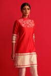 Saksham & Neharicka_Red Pure Handwoven Chanderi High Neck Kurta And Pant Set _Online_at_Aza_Fashions