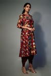 SAKSHAM & NEHARICKA_Maroon Chanderi Printed Floral Round Kurta And Dhoti Pant Set _Online_at_Aza_Fashions