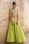 Shop_Saksham & Neharicka_Green Net, Handwoven Chanderi V Neck Embroidered Lehenga Set _Online_at_Aza_Fashions