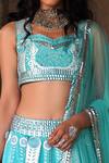 Saksham & Neharicka_Blue Net, Handwoven Chanderi V Neck Embroidered Lehenga Set _Online_at_Aza_Fashions