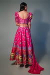 Shop_Saksham Neharicka_Pink Chanderi Printed Floral V Neck Lehenga Set_at_Aza_Fashions