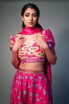 Saksham Neharicka_Pink Chanderi Printed Floral V Neck Lehenga Set_at_Aza_Fashions