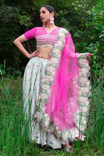 Buy_Saksham & Neharicka_Pink Chanderi, Net And Organza Floral Print, Bead & Sequin V Neck Lehenga Set _at_Aza_Fashions
