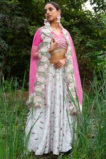 Saksham & Neharicka_Pink Chanderi, Net And Organza Floral Print, Bead & Sequin V Neck Lehenga Set _Online_at_Aza_Fashions