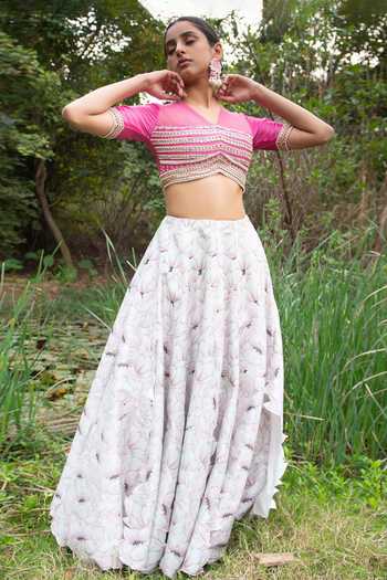 Buy_Saksham & Neharicka_Pink Chanderi, Net And Organza Floral Print, Bead & Sequin V Neck Lehenga Set _Online_at_Aza_Fashions
