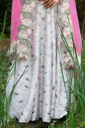 Shop_Saksham & Neharicka_Pink Chanderi, Net And Organza Floral Print, Bead & Sequin V Neck Lehenga Set _Online_at_Aza_Fashions