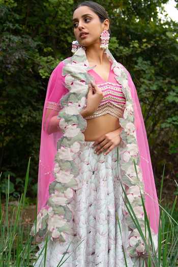 Saksham & Neharicka_Pink Chanderi, Net And Organza Floral Print, Bead & Sequin V Neck Lehenga Set _at_Aza_Fashions