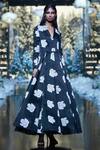 Buy_Samant Chauhan_Black Silk Lining Block Print Floral Motifs Flap Collar Gown _at_Aza_Fashions