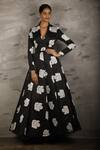 Samant Chauhan_Black Silk Lining Block Print Floral Motifs Flap Collar Gown _Online_at_Aza_Fashions