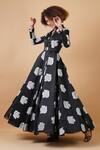 Shop_Samant Chauhan_Black Silk Lining Block Print Floral Motifs Flap Collar Gown _Online_at_Aza_Fashions