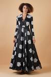 Samant Chauhan_Black Silk Lining Block Print Floral Motifs Flap Collar Gown _at_Aza_Fashions