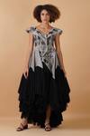Samant Chauhan_Black Linen Silk And  Lining Embroidery V Neck Bodice Dress _Online_at_Aza_Fashions