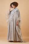 Samant Chauhan_Grey Linen Silk Lining Cotton Embroidery High Neck Kaftan Gown _Online_at_Aza_Fashions