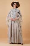Buy_Samant Chauhan_Grey Linen Silk Lining Cotton Embroidery High Neck Kaftan Gown _Online_at_Aza_Fashions
