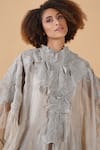 Shop_Samant Chauhan_Grey Linen Silk Lining Cotton Embroidery High Neck Kaftan Gown _Online_at_Aza_Fashions