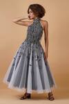 Buy_Samant Chauhan_Grey Net Lining Cotton Embroidery Zari Halter Neck Neckline Gown _Online_at_Aza_Fashions