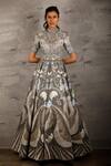 Samant Chauhan_Grey Cotton Silk Embroidery Floral Round High Neck Gown _Online_at_Aza_Fashions