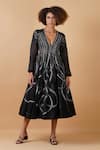 Buy_Samant Chauhan_Black Cotton Silk Embroidery Zari Plunge V Neck Dress _Online_at_Aza_Fashions