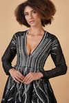 Samant Chauhan_Black Cotton Silk Embroidery Zari Plunge V Neck Dress _at_Aza_Fashions