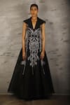 Samant Chauhan_Black Silk, Lining Leaf, Zari Plunge V Neck Embroidered Gown _Online_at_Aza_Fashions