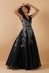 Buy_Samant Chauhan_Black Silk, Lining Leaf, Zari Plunge V Neck Embroidered Gown _Online_at_Aza_Fashions