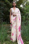 Buy_Saksham Neharicka_Pink Chanderi Print And Blossom Saree With Unstitched Blouse Piece _at_Aza_Fashions