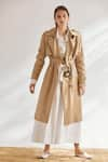 Buy_House of Three_Beige Cotton Linen Notched Lapel Trench Jacket  _at_Aza_Fashions