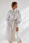 Buy_House Of Three_White Cotton Shirt Collar Striped Tunic With Belt _at_Aza_Fashions