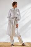 Buy_House Of Three_White Cotton Shirt Collar Striped Tunic With Belt _Online_at_Aza_Fashions