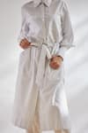 House Of Three_White Cotton Shirt Collar Striped Tunic With Belt _at_Aza_Fashions
