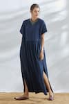 Buy_House of Three_Blue Cotton Poplin Round Gathered Maxi Dress  _at_Aza_Fashions