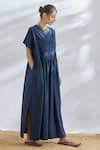 House of Three_Blue Cotton Poplin Round Gathered Maxi Dress  _Online_at_Aza_Fashions