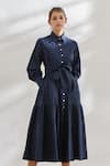 Buy_House Of Three_Blue Cotton Shirt Collar Dress With Tie-up _at_Aza_Fashions