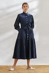 Buy_House Of Three_Blue Cotton Shirt Collar Dress With Tie-up _Online_at_Aza_Fashions