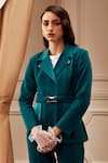 Label Deepika Nagpal_Blue Luxury Heavy Crepe 74% Polyester Plain Notched Lapel Blazer And Pant Set _Online_at_Aza_Fashions