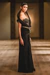 Tarun Tahiliani_Black Crinkle Satin Sweetheart Neck Pre-draped Saree With Corset Blouse _Online_at_Aza_Fashions