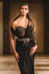 Buy_Tarun Tahiliani_Black Crinkle Satin Sweetheart Neck Pre-draped Saree With Corset Blouse _Online_at_Aza_Fashions