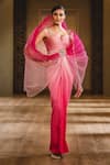 Buy_Tarun Tahiliani_Pink Satin Crinkle Square Neck Draped Saree Gown _at_Aza_Fashions