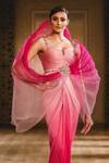 Tarun Tahiliani_Pink Satin Crinkle Square Neck Draped Saree Gown _Online_at_Aza_Fashions