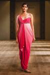 Buy_Tarun Tahiliani_Pink Tulle, Crinkle V Neck Embroidered Draped Gown_at_Aza_Fashions